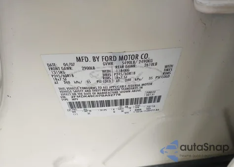 2007 Ford Edge Sel Plus из США, поврежденный, VIN 2FMDK49C07BA92778